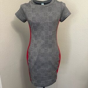 Gray Bodycon Mini Dress with Red Accents and Cap Sleeves